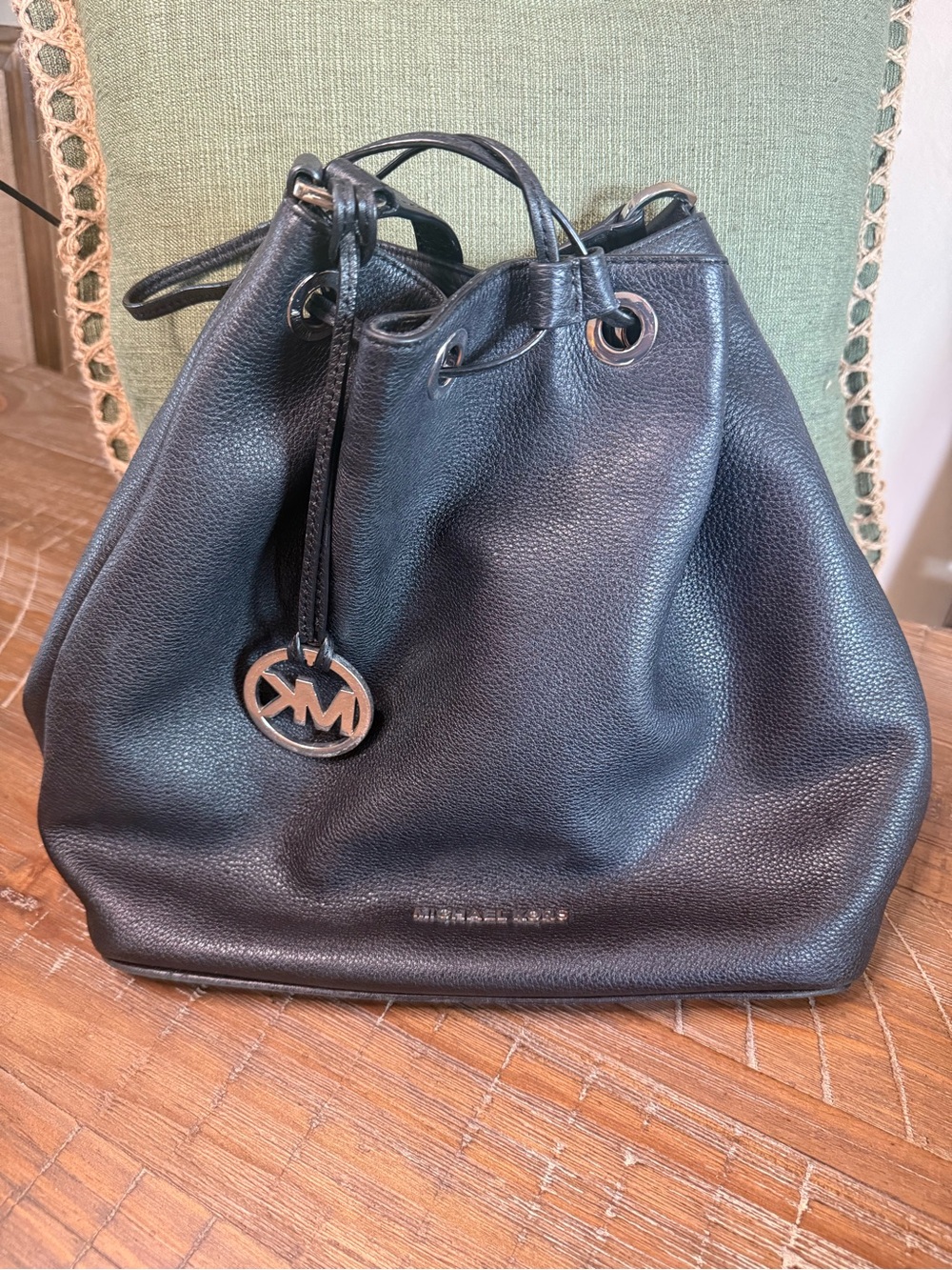 Michael Kors Jules Black Pebbled Leather Drawstring Bucket Bag Silver